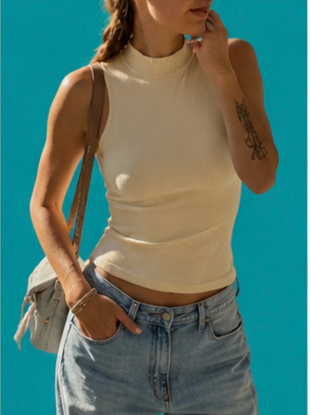 Intimately Free People Cream Ribbed Mock Neck Tank keyhole back sz XS/S